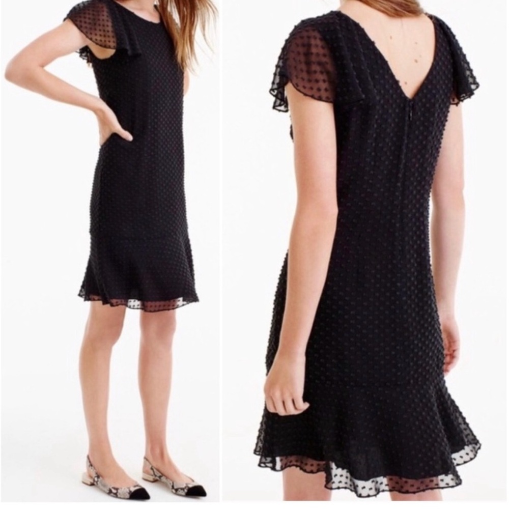 J.Crew Black Clip Dot Flutter Sleeve Silk Dress Size 8